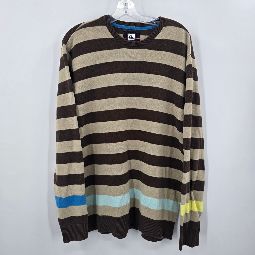 Quiksilver Sweater Mens‎ XL Striped Brown Tan Blue Yellow Pullover